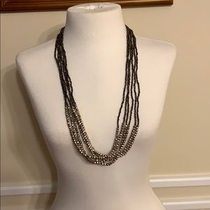 Silver, Brown Beaded Metallic Statement Necklace